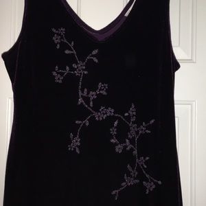 Dark purple Stretchy velvet dress, a V neck and back, size 14